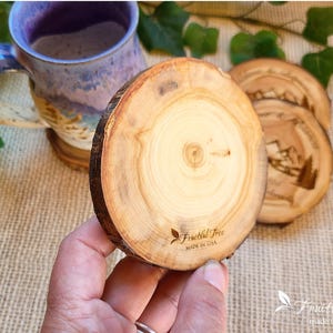 Handmade Coaster Set Mountain scene Engraved Rustic live edge wooden drink coasters Personalized Housewarming gift for new home keepsake image 6
