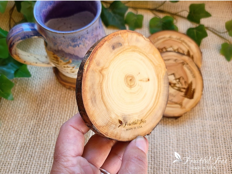 Handmade Coaster Set Mountain scene Engraved Rustic live edge wooden drink coasters Personalized Housewarming gift for new home keepsake image 6