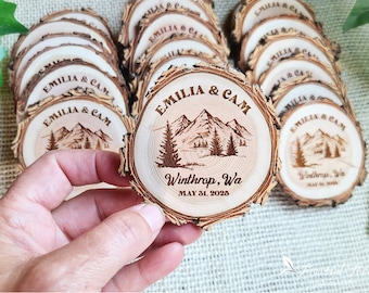 Personalized Mountain Design Magnets Engraved Wood Slice Magnets Bulk Rustic Wedding Favors Custom Gifts for Guests Reception Party Favors