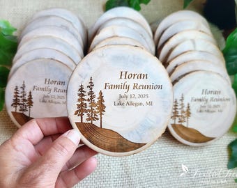 Family Gathering Coasters Natural Engraved Wooden Party Favors Personalized Family Reunion Tree Wood Slice Mementos Forest Mountain Theme