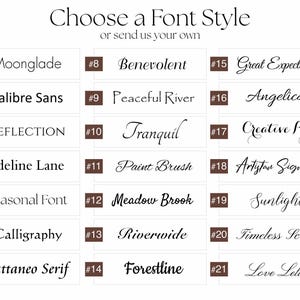 May include: A font style selection chart featuring twenty-one numbered options in black text on a white background. The list includes Moonglade, Calibre Sans, Reflection, Adeline Lane, Seasonal Font, Calligraphy, Cattaneo Serif, Benevolent, Peaceful River, Tranquil, Paint Brush, Meadow Brook, Riverwide, Forestline, Great Expectations, Angelica, Creative Pro, Artisan Signature, Sunlight, Timeless Script, and Love Letter.