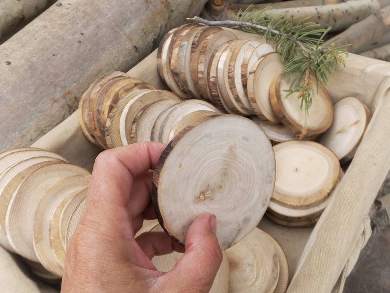 Small wood round about 3" in diameter by 1/4" thick, held between thumb and pointer finger. It is a lightweight wood slice, cut on the end grain with no bark left, which leaves the edge a natural dark brown with grey streaks.
