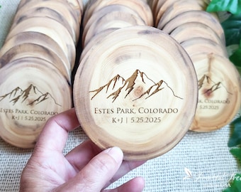 Personalized Mountain Coasters Rustic Wedding Favors Engraved Natural Aspen Wooden Décor Customized Bulk gifts for Reception guests