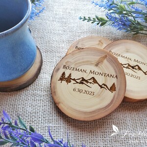 Handmade Coaster Set Mountain scene Engraved Rustic live edge wooden drink coasters Personalized Housewarming gift for new home keepsake image 12