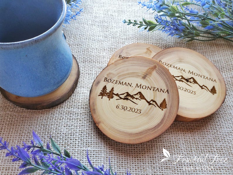 Handmade Coaster Set Mountain scene Engraved Rustic live edge wooden drink coasters Personalized Housewarming gift for new home keepsake image 12