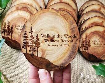 Woodland Coasters Engraved Trees Personalized Wooden Coasters Event gifts for guests Bulk Retreat Reception table decor Mountain with trees