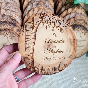 May include: Wooden coasters with a birch tree design and the text "Amanda & Stephen May 15, 2025".