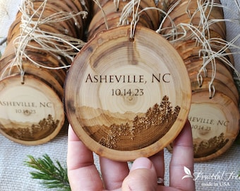 Engraved Wooden Ornaments Bulk Personalized Natural Wood slice Christmas ornaments Mountain Wedding Favors for guests Family Reunion gifts