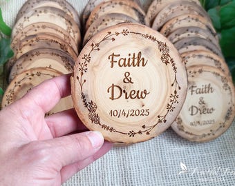 Bulk Personalized Coasters with Engraved Wreath of Flowers Wedding Favors Leaf Boarder Names Natural Customized gifts for guests