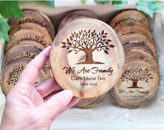 We Are Family Tree Coasters Personalized Natural Wooden Party Favors Engraved Tree Cookies Bulk Family Gathering Mementos