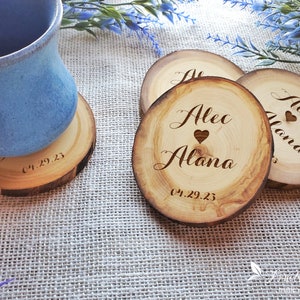 Personalized wedding gift for the couple Engraved coaster set Eco friendly wooden drink coasters Rustic home decor for bride & groom memento