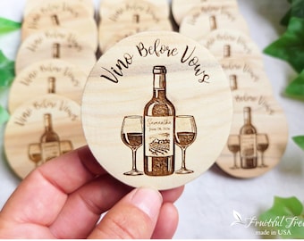 Custom Engraved Laser Cut Wood Magnets Bulk Personalized Party Favors Vino before Vows Bridal Shower Save the Date Wedding Favors