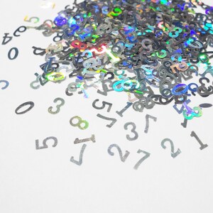 May include: A pile of iridescent silver number confetti on a white background. The numbers are scattered randomly and range from 0 to 9.