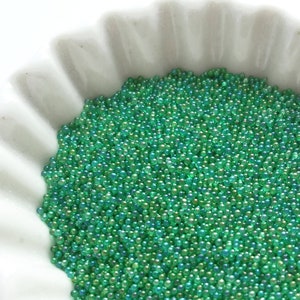 Glass No Hole Beads IRIDESCENT JUNGLE GREEN, Caviar Beads, Clear Microbeads 0.6mm-0.8mm
