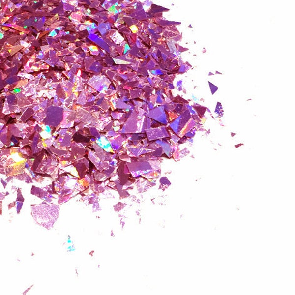 Holographic Fuchsia Pink Flakes, Mylar Flakes, Cellophane Shards, Crushed Rainbow Chunky Glitter, Solvent Resistant