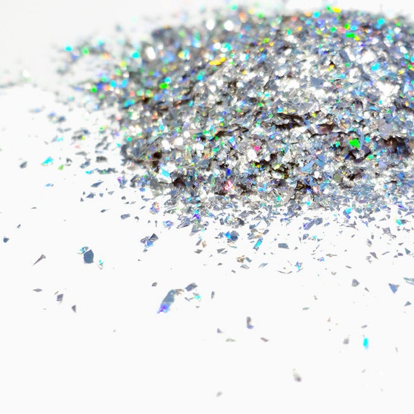 Holographic Silver Glitter Shards, Tiny Glitter Flakes, Rough Cut Small Mylar Glitter, Solvent Resistant Glitter