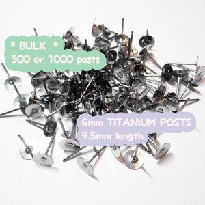 May include: A collection of silver titanium earring posts. Each post has a 6mm disc and a 9.5mm length. The image includes text stating "BULK 500 or 1000 posts" and "6mm TITANIUM POSTS".