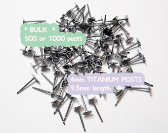 May include: A large pile of silver 4mm titanium earring posts, 9.5mm in length. The text "BULK 500 or 1000 posts" and "4mm TITANIUM POSTS 9.5mm length" is visible on the image.