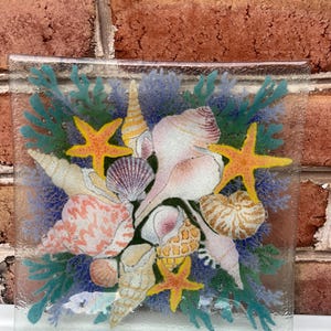 Peggy Karr 9.5” Seashells Square Plate  Fused Art glass signed