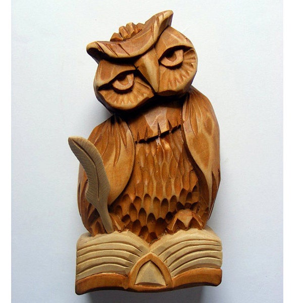 Wood Sculpture of owl Handmade Polish Artist Folk Local Artist