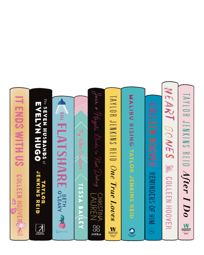 May include: A collection of colorful book spines, including titles like "It Ends With Us," "The Seven Husbands of Evelyn Hugo," and "Malibu Rising." The books are arranged in a row, with author names and publisher logos visible.