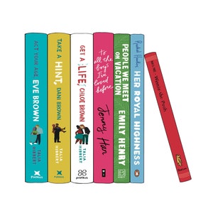 May include: A collection of colorful book spines, including titles like "Act Your Age, Eve Brown" and "Winnie-the-Pooh." The books are arranged vertically, with one leaning against the others. The spines display author names and book titles.