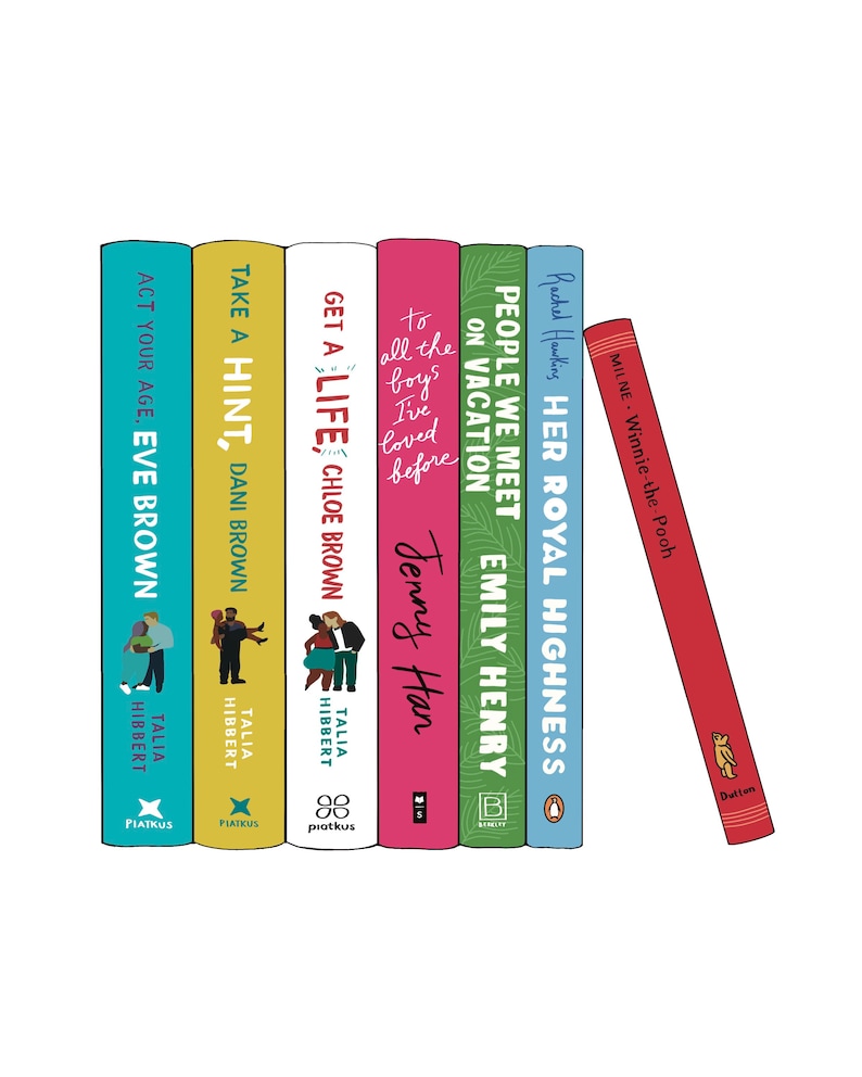 May include: A collection of colorful book spines, including titles like "Act Your Age, Eve Brown" and "Winnie-the-Pooh." The books are arranged vertically, with one leaning against the others. The spines display author names and book titles.