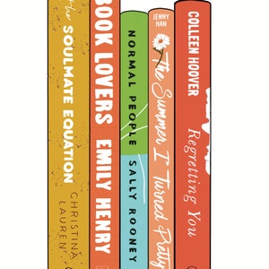 May include: A stack of five books with colorful spines. Titles include "The Soulmate Equation," "Book Lovers," "Normal People," "The Summer I Turned Pretty," and "Regretting You." Authors' names are also visible. The books are arranged vertically against a white background.