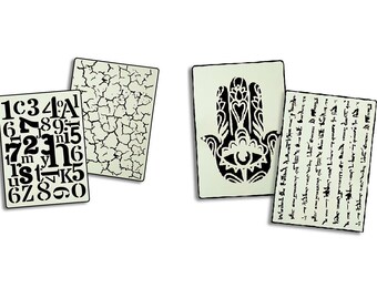 A5 Stencils - Pack of 2 - Hamsa Hand & Script or Numbers and Cracks