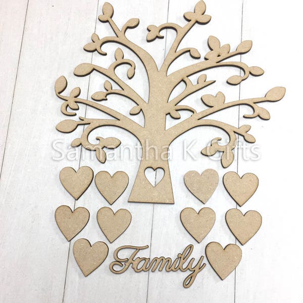 Árbol genealógico - Crea tu propio marco - Con corazones y palabras de familia - Varios tamaños