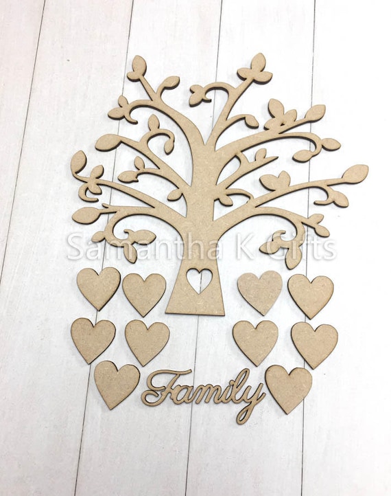 Family Tree 1 Name//Word Personalised Heart 3mm MDF Laser Cut Wooden Craft Blank