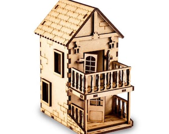 May include: A wooden model of a small house with a balcony and a door. The house is made of light brown wood and has a brown roof. The balcony has a railing and there are steps leading up to the door.