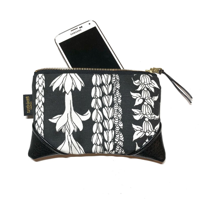 Mini Blackout Large Scale Lei Aloha Zipper Pouch Clutch with inside lining and Zipper Pull or Leather Wristlet Strap