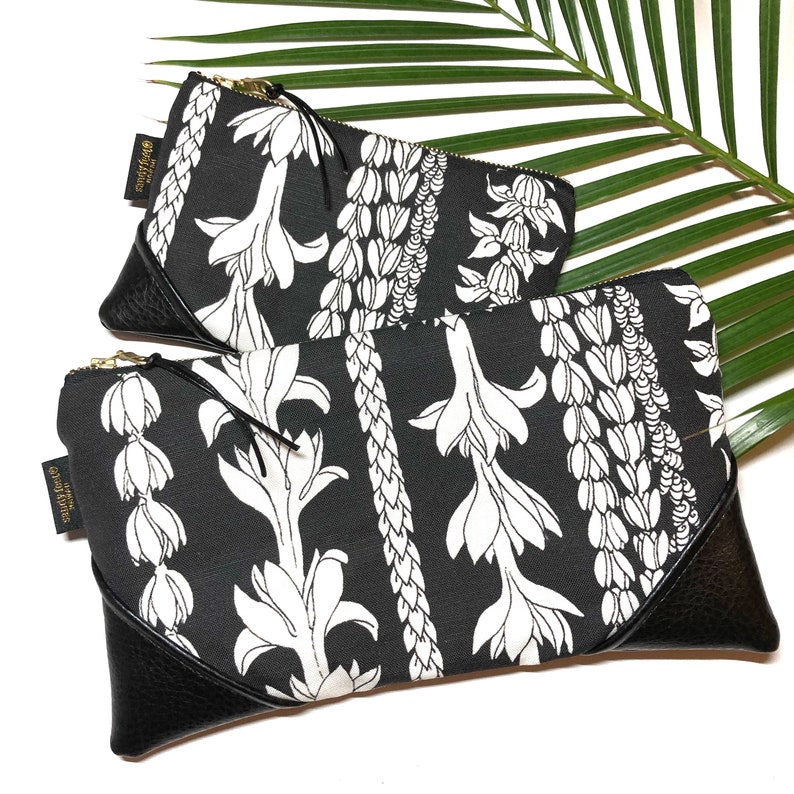Mini Blackout Large Scale Lei Aloha Zipper Pouch Clutch with inside lining and Zipper Pull or Leather Wristlet Strap
