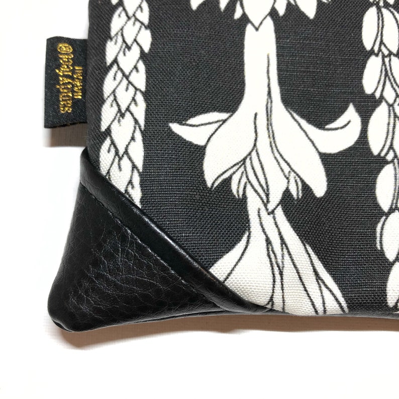 Mini Blackout Large Scale Lei Aloha Zipper Pouch Clutch with inside lining and Zipper Pull or Leather Wristlet Strap