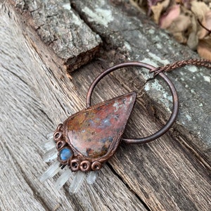 Moss Agate with Labradorite and Quartz Points |  Copper Electroformed Pendant | Crystal Gemstone Jewelry | Witchy Alternative Accessories