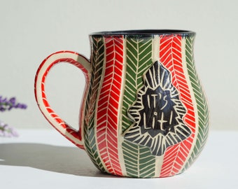 Ceramic Christmas Mug Its Lit Handmade Sgraffito White Red Green Tree Handle Pottery