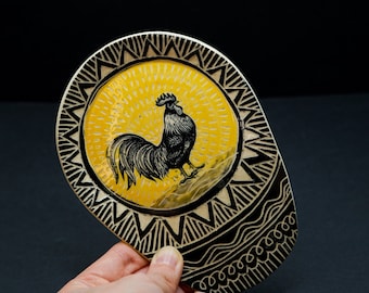 Spoon Rest Rooster Yellow Sun Ceramic Sgraffito Carved Kitchen Decor Pottery Handmade
