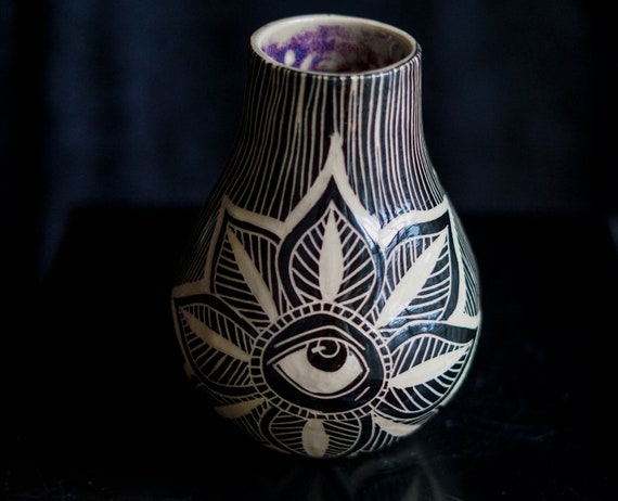 Ceramic Black White and Purple Hand Carved Flower Vase Sgraffito Pattern  Evil Eye Pottery Home Decor Handmade 