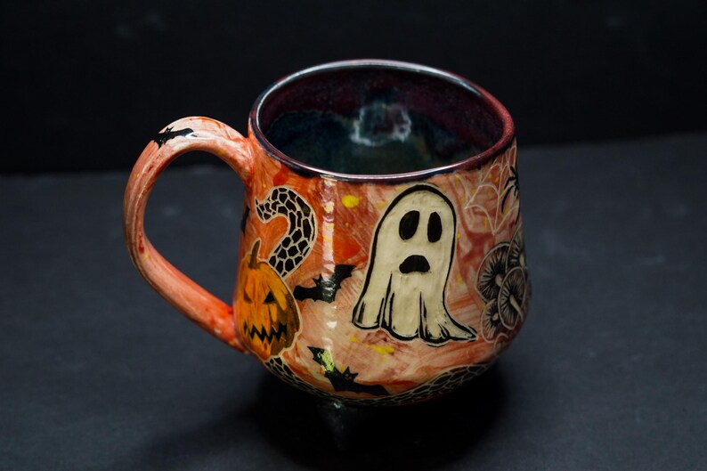 Ceramic Cauldron Mug Handmade Arsenic Poison Apothecary Sgraffito Witch Art Pottery With Handle