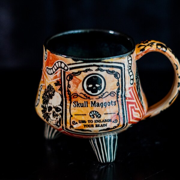 Ceramic Cauldron Mug Handmade Skull Maggots Halloween Apothecary Sgraffito Witch Art Pottery with Handle Glaze Magic