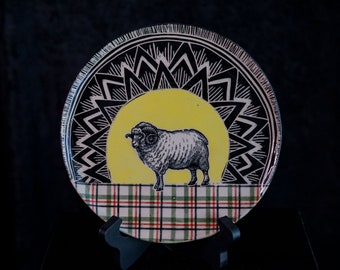 Ram Sheep Plate Ceramic Sgraffito Animal Plaid Wilderness Serving Dish With Sun and Pattern Carved Pottery Art