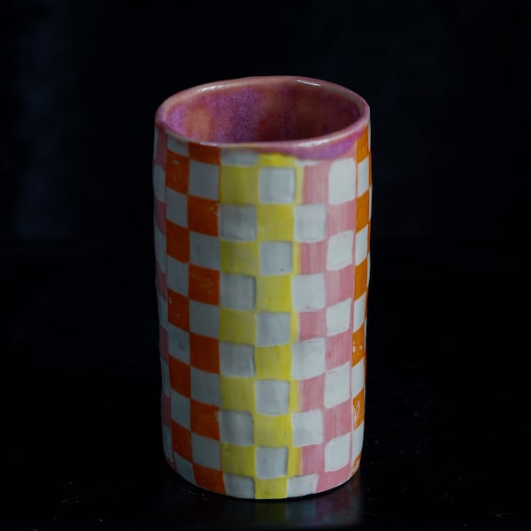 Ceramic Pink Yellow and Orange Checkered Geometric Sgraffito Tumbler Cup with Glaze
