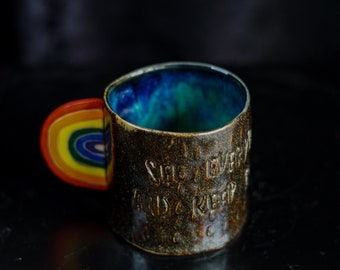 Ceramic Poetry Quote Raindrops and Rainbow Blue Mug with Handle and Blue Glaze Cup