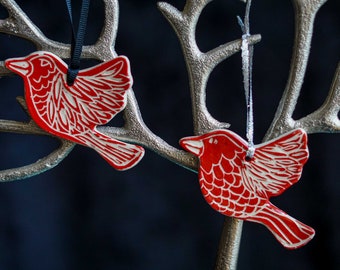 Handmade Christmas Tree Sgraffito Bird Red and White Ornament Christmas Holiday