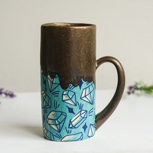 Ceramic Bronze Sgraffito Carved Gem Crystal Mug With Handle Turquoise Pottery Cup Handmade