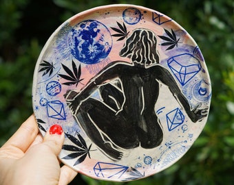 Handmade Ceramic Altar Plate: Meditating Woman, Moon & Crystals Pottery
