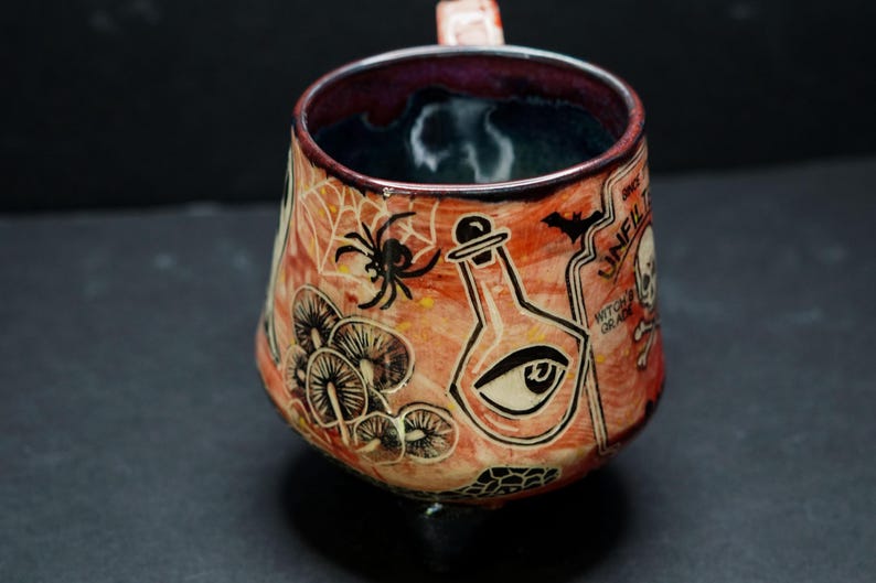 Ceramic Cauldron Mug Handmade Arsenic Poison Apothecary Sgraffito Witch Art Pottery With Handle