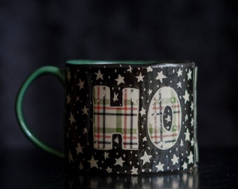 Ceramic Christmas Mug Funny Plaid Stars Ho Ho Ho Handmade Sgraffito White Red Green Tree Handle Pottery