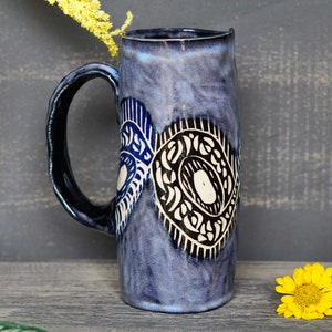 Ceramic Carved Sgraffito Black and Blue Mug Geometric Design